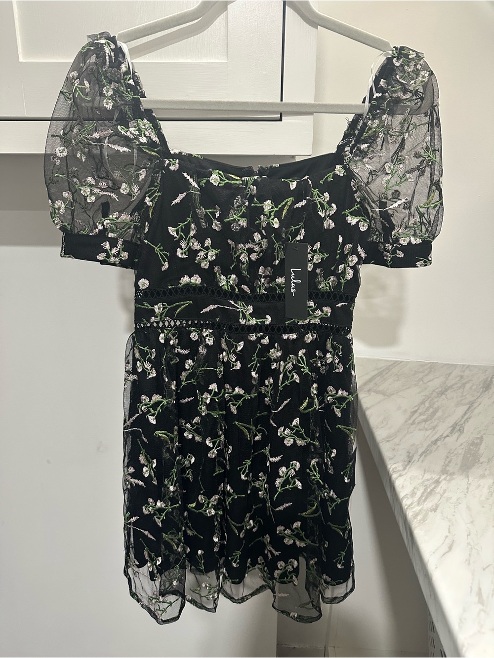 Lulu's Black Floral Puff Sleeve Mini Dress with White & Green Embroidery